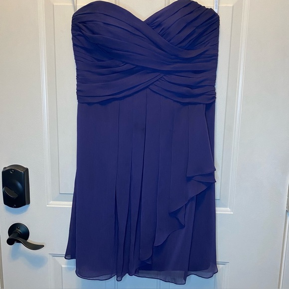 David's Bridal Strapless Short Dress Pleated Chiffon in Lapis Purple Sz 12 - Picture 1 of 16
